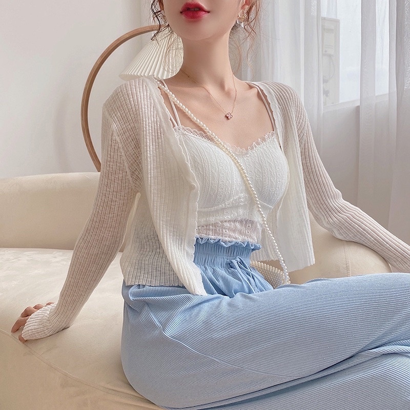 Áo khoác len cardigan dáng croptop mỏng 1 cúc dáng Hàn Quốc