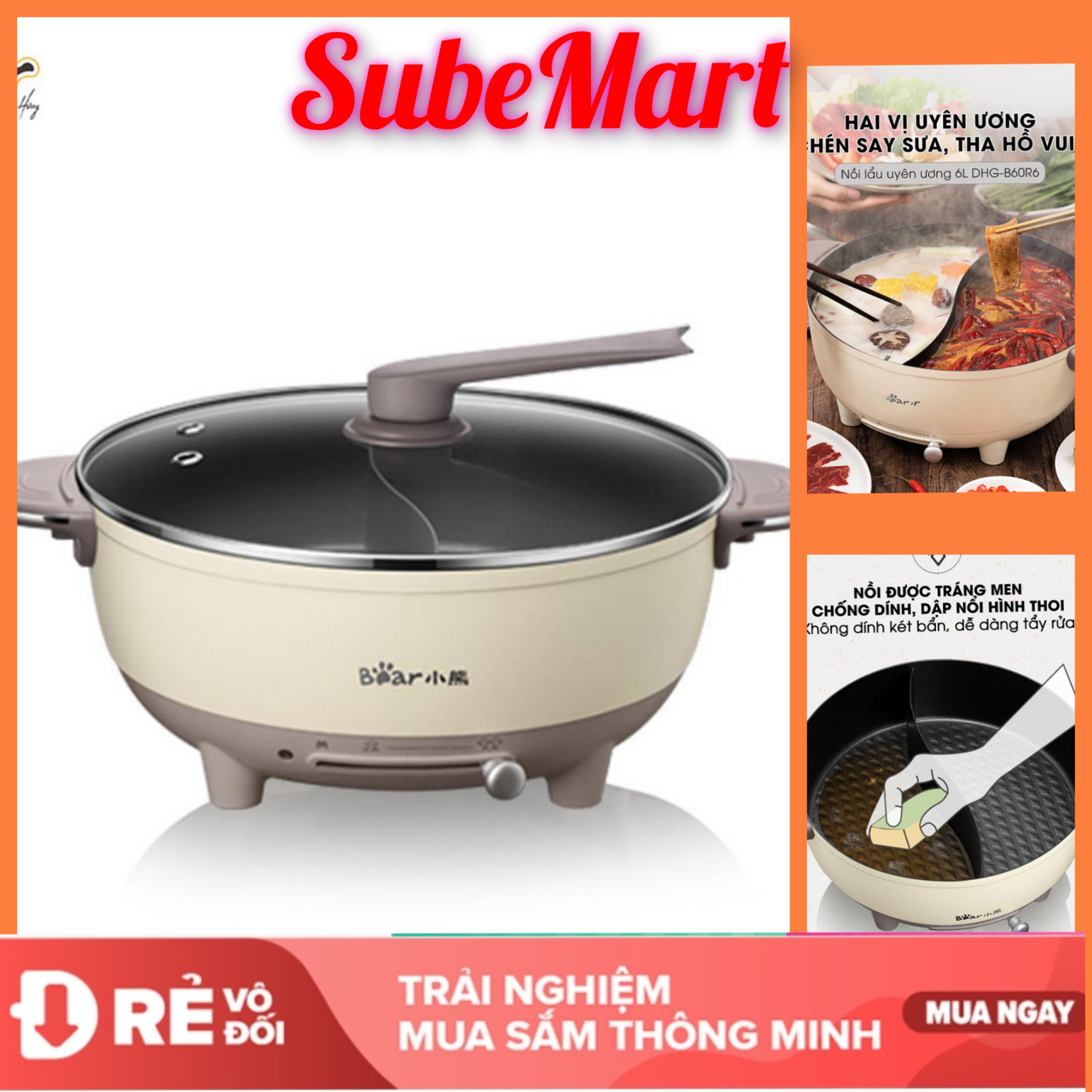 Nồi lẩu uyên ương bear dhg-b60r6- nồi có 2 ngăn, dung tích 6l
