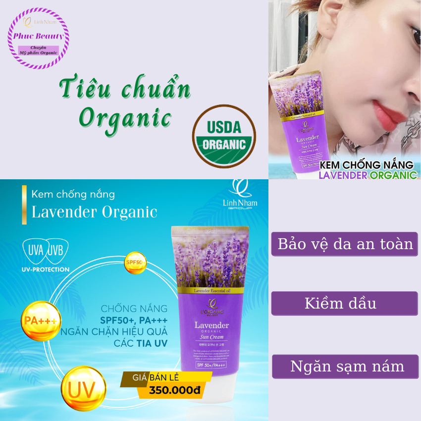 Kem Chống Nắng Da Mặt Lavender Organic Linh Nhâm, SPF 50 PA+++, Bảo Vệ Da, Kiềm Dầu, Nâng Tone, 50ml