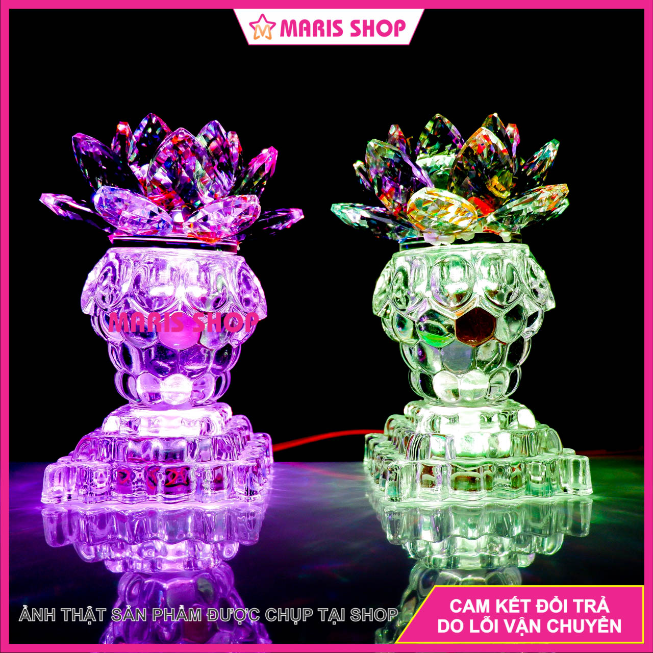 Đèn thờ hoa sen pha lê nguyên khối cao 16cm phát sáng toàn thân led tự đổi màu, đèn bàn thờ đẹp