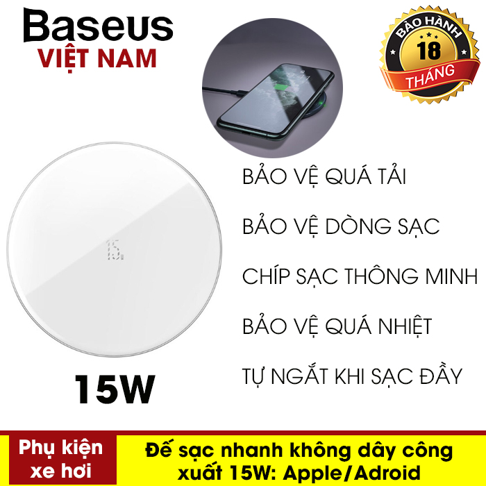 BẢO HÀNH 12 THÁNG] Đế sạc nhanh không dây Baseus (BS-WC-P10C) 15W chuẩn Qi cho điện thoại Android và iPhone 8 đến iphone 11 X XS Max AirPods Pro