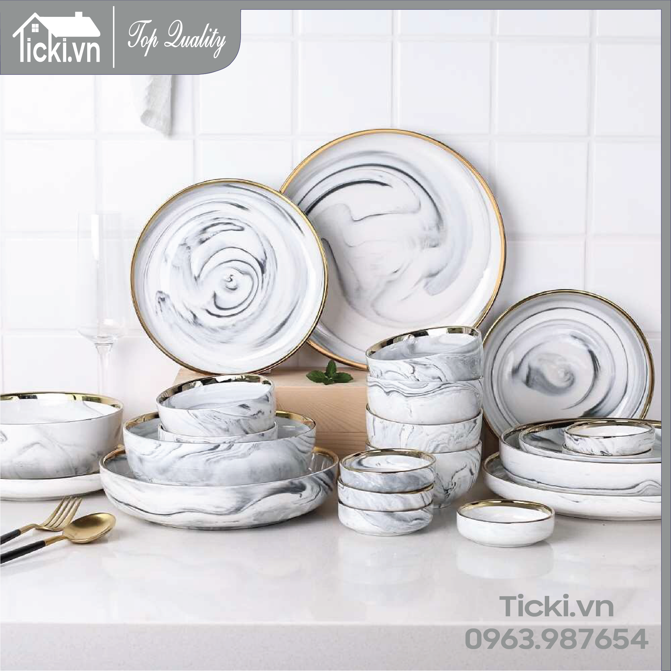 Bộ bát đĩa đẹp vân đá ghi cẩm thạch viền mạ vàng mang phong cách Bắc Âu gốm sứ cao cấp Ticki Quality
