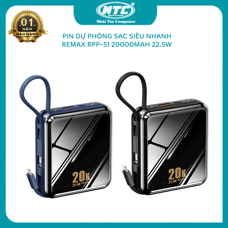 Pin dự phòng sạc nhanh Remax RPP-51 / RPP-285 Series Sucha QC 22.5W và PD 20W - tích hợp 2 đèn pin chiếu sáng (2 phân loại tuỳ chọn) Nhất Tín Computer