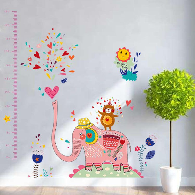 Decal dán tường đo chiều cao voi hồng tranh dán tường hình voi hồng đo chiều cao cho bé