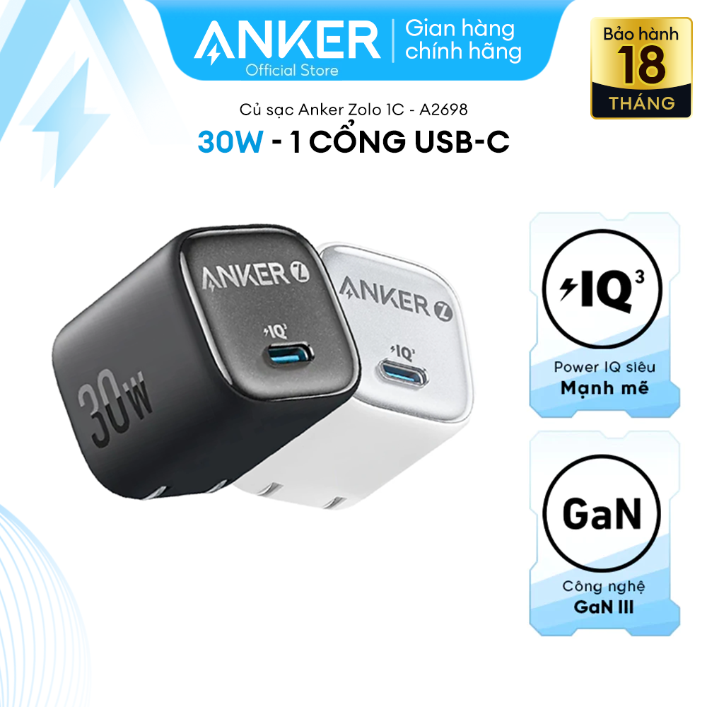 Củ sạc nhanh Anker Zolo GaN 30W 1 cổng USB-C Power IQ 3.0 - A2698 Hỗ trợ sạc nhanh từ iphone 8 trở lên