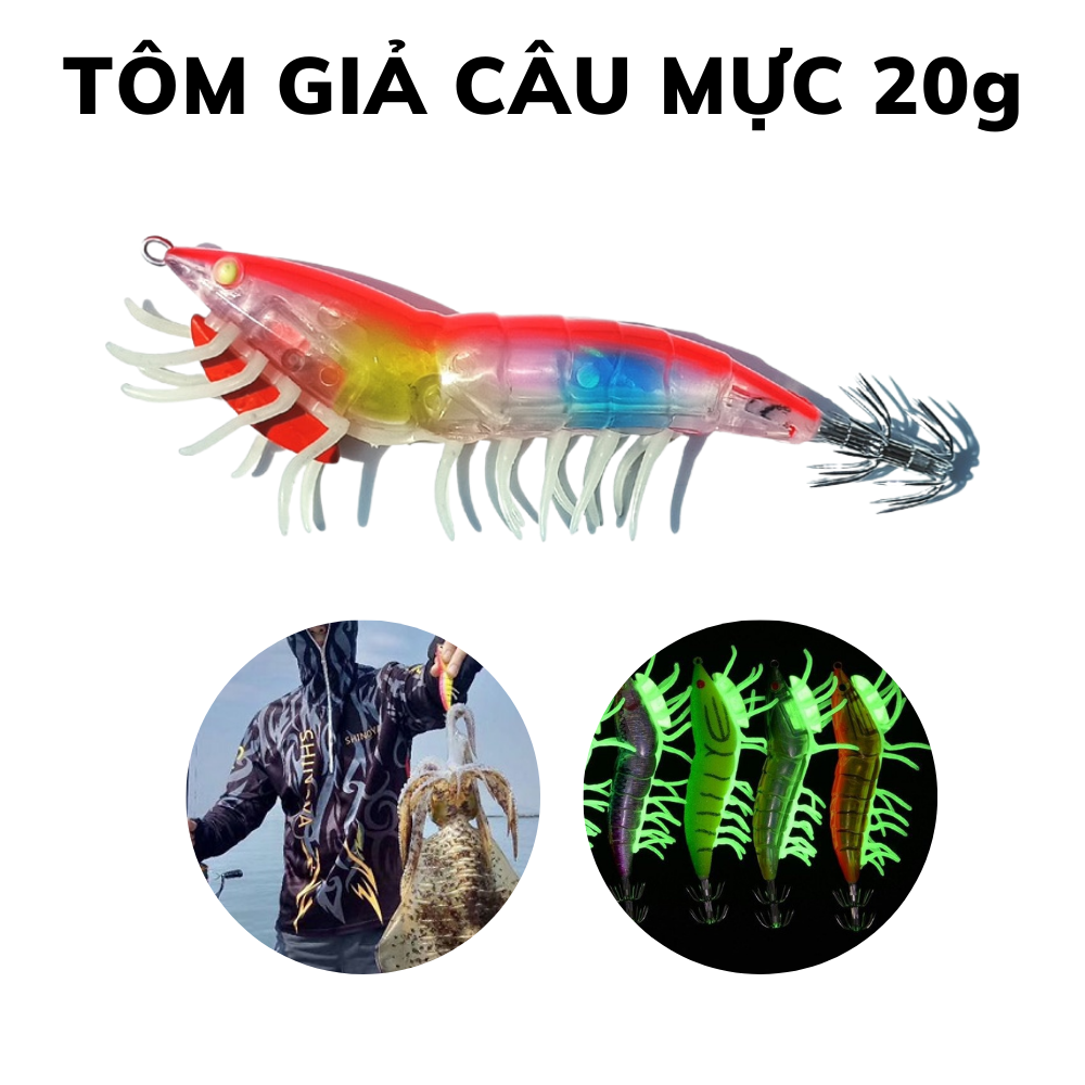 Mồi tôm giả câu mực biển có chân SIZE 3.5 nặng 20gam, mồi câu mực ống mực lá biển phát quang ban đêm, mồi giả câu mực dạ quang hiệu quả