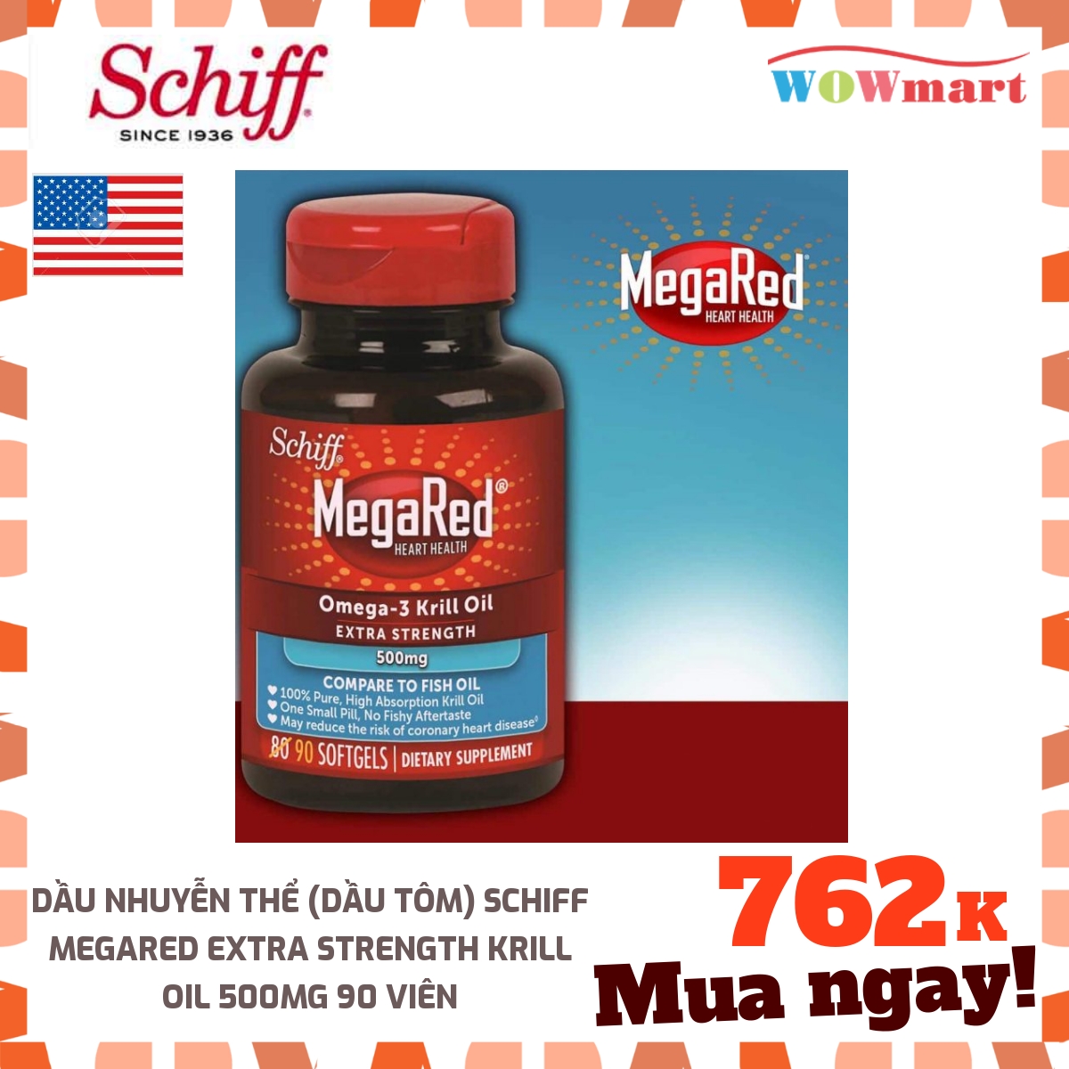 Dầu nhuyễn thể (dầu tôm) Schiff MegaRed Extra Strength Krill Oil 500mg 90 viên - [MỸ]