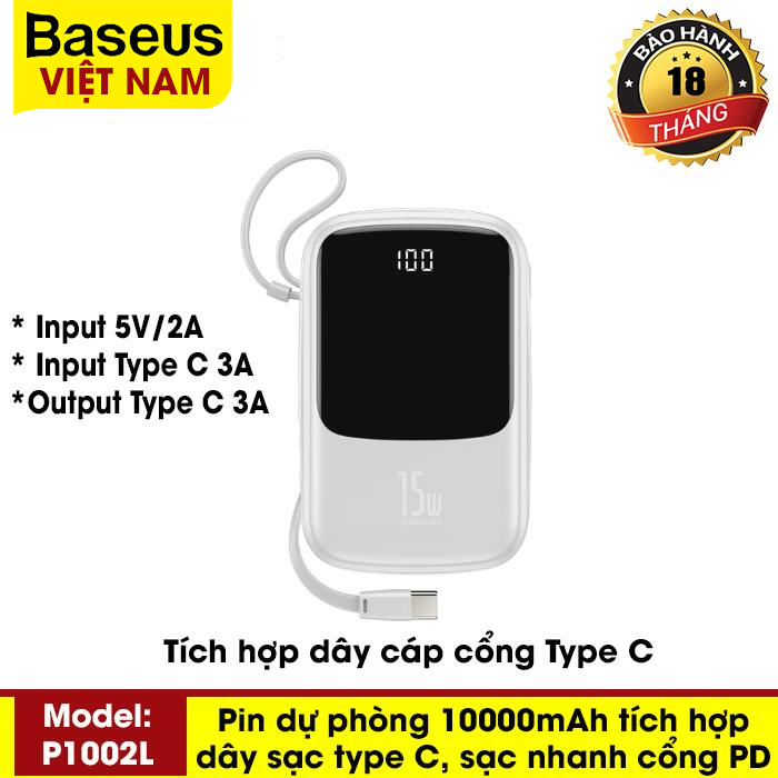 [BẢO HÀNH 18 THÁNG]  Pin sạc dự phòng BS-P1001C 10000mAh công suất 15W Power Bank output 3A  tích hợp cáp sạc Type C đi kèm hỗ trợ sạc nhanh cổng USB kép