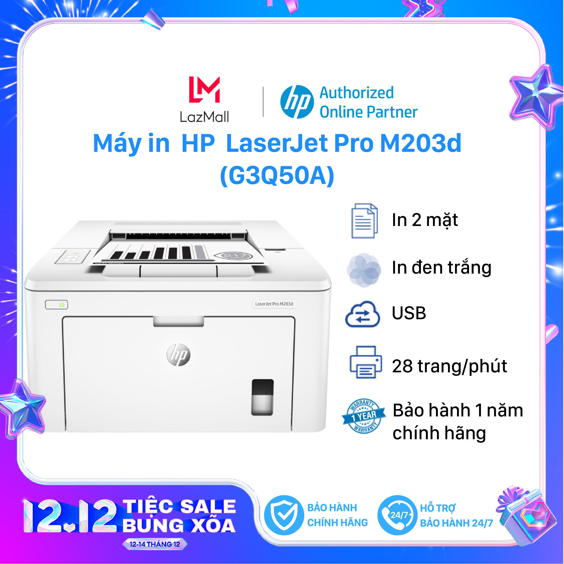 24/03 vouher 20% máy in 2 mặt hp laserjet pro m203d - máy in đảo chiều tự động - bảo hành chính hãng 12 tháng