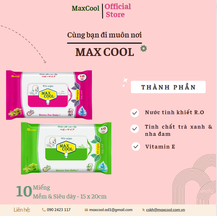 Combo 10 gói khăn ướt Max Cool 7 gói hương trà xanh + 3 gói không hương