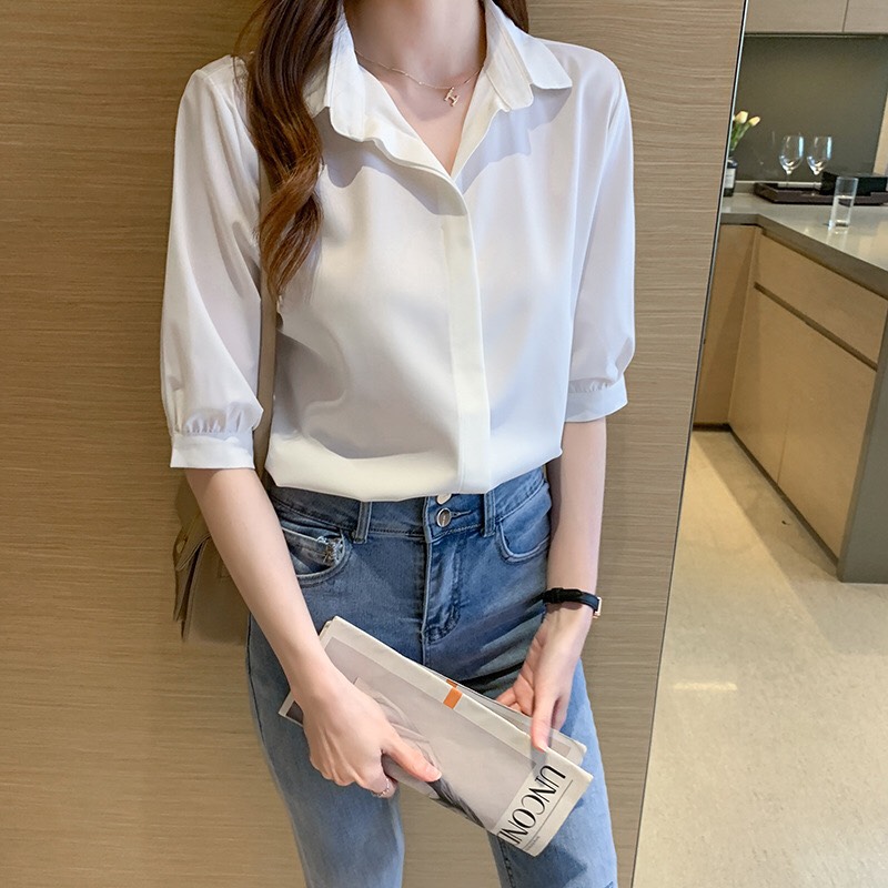 Áo sơ mi nữ tay lỡ phồng nhẹ form dấu cúc Hàn Quốc kiểu đẹp màu trơn mã SB01 thời trang PONIVALAZA cao cấp Chất liệu mềm mịn thoáng mát form chuẩn