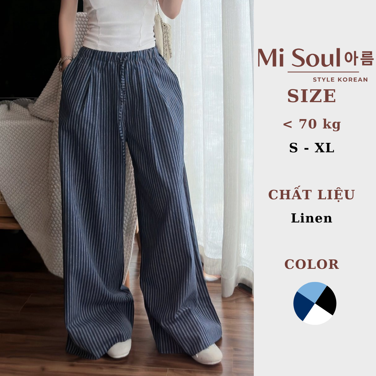 Quần Linen Nữ Dáng Suông Ống Rộng Sọc Kẻ MiSoul Cạp Chun Dây Rút BigSize Quần Dài Lanh Kẻ Lưng Thun Co Giãn 472