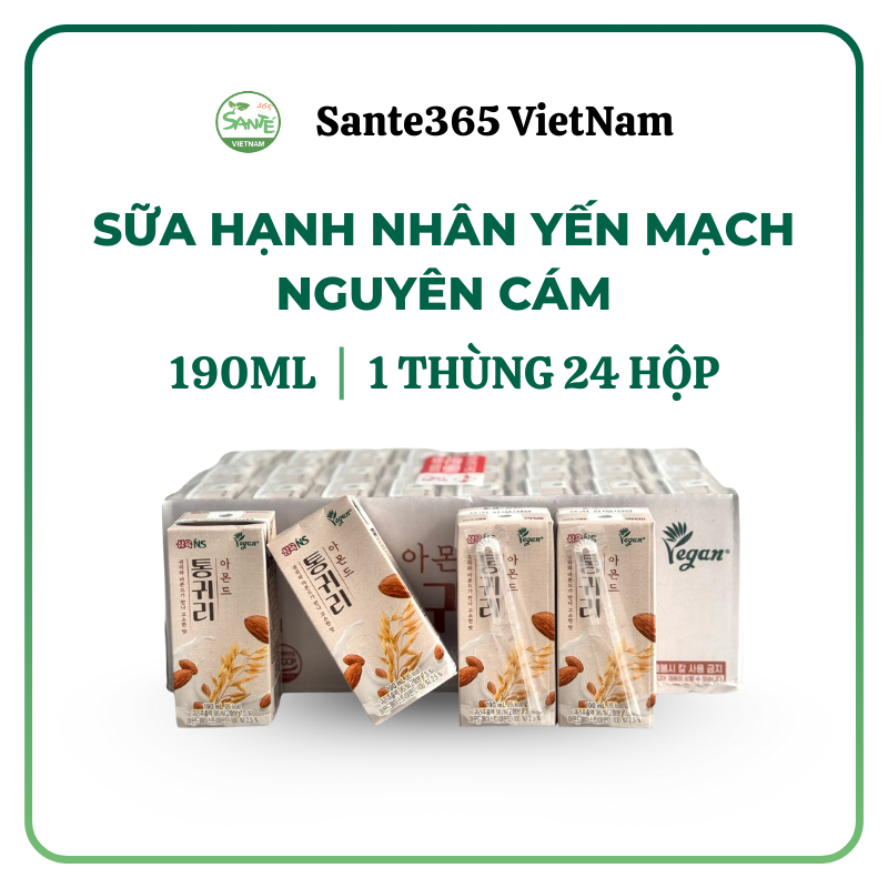 [Cận Date: 24/7/2026]  Sữa Hạnh Nhân Yến Mạch Hàn Quốc Chính Hãng - 190ml x 24 Hộp/ Thùng - Whole Grain Oat Almond Milk - Sante365 Viet Nam