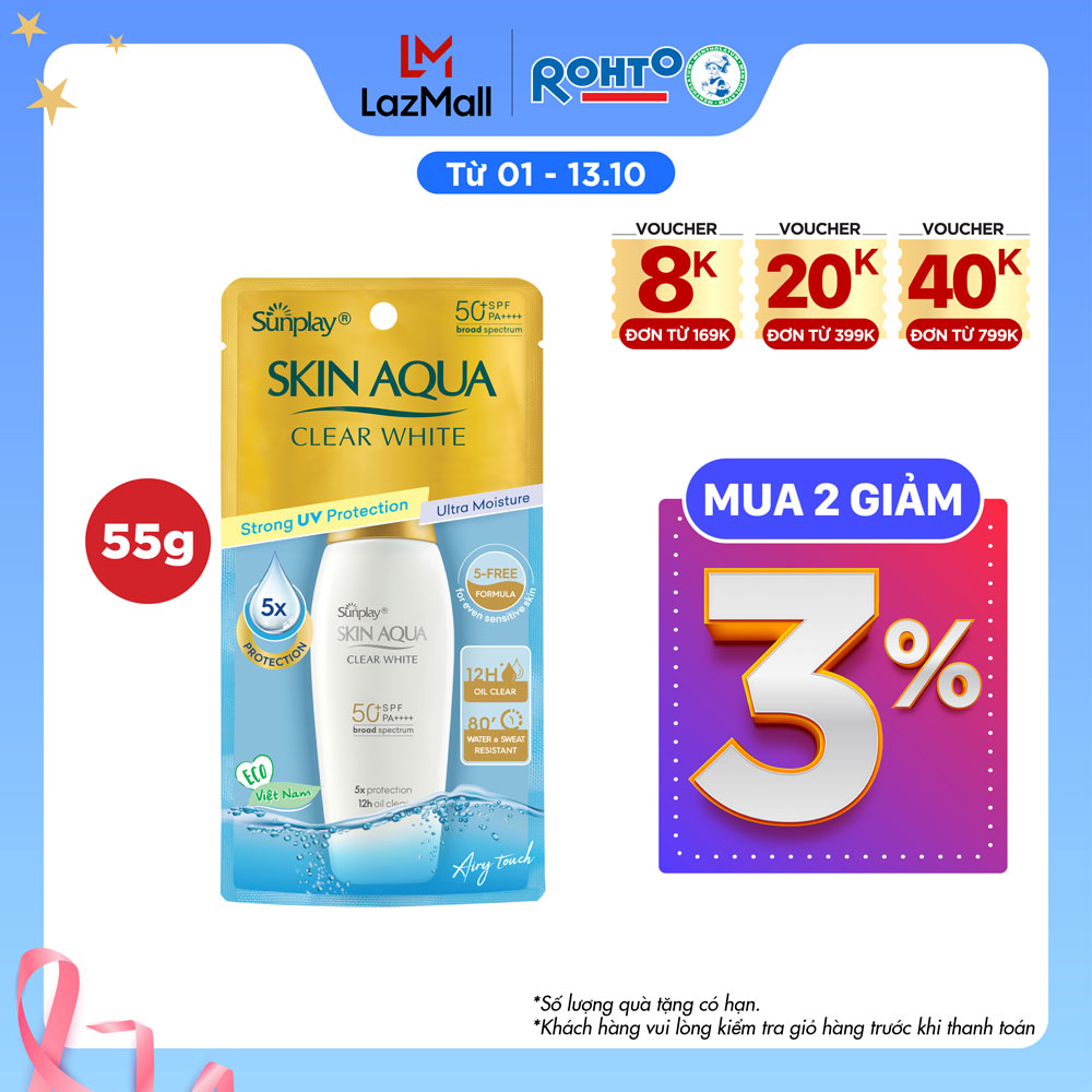 Sữa chống nắng hằng ngày dưỡng trắng Sunplay Skin Aqua Clear White SPF 50+, PA++++ 55g