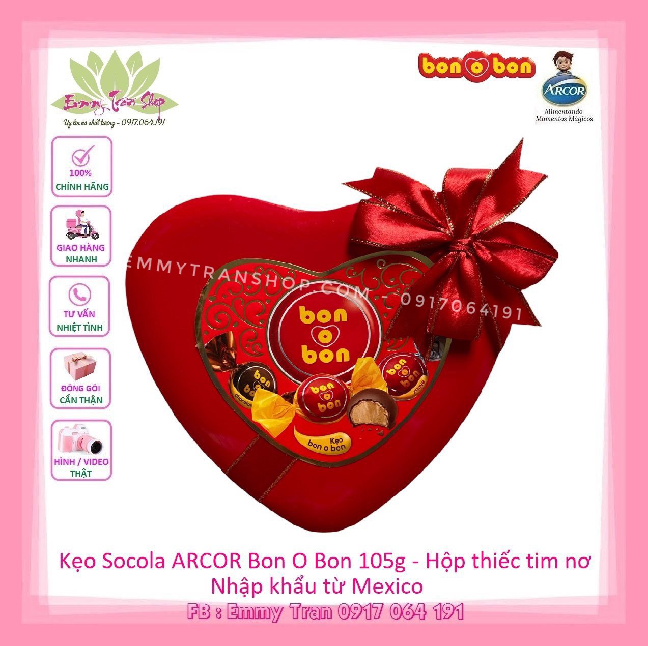 Kẹo ARCOR Bon o Bon Chocolate Hộp Thiếc Tim Nơ 105gr - Nhập Khẩu từ Mexico ( Emmy Tran Shop )