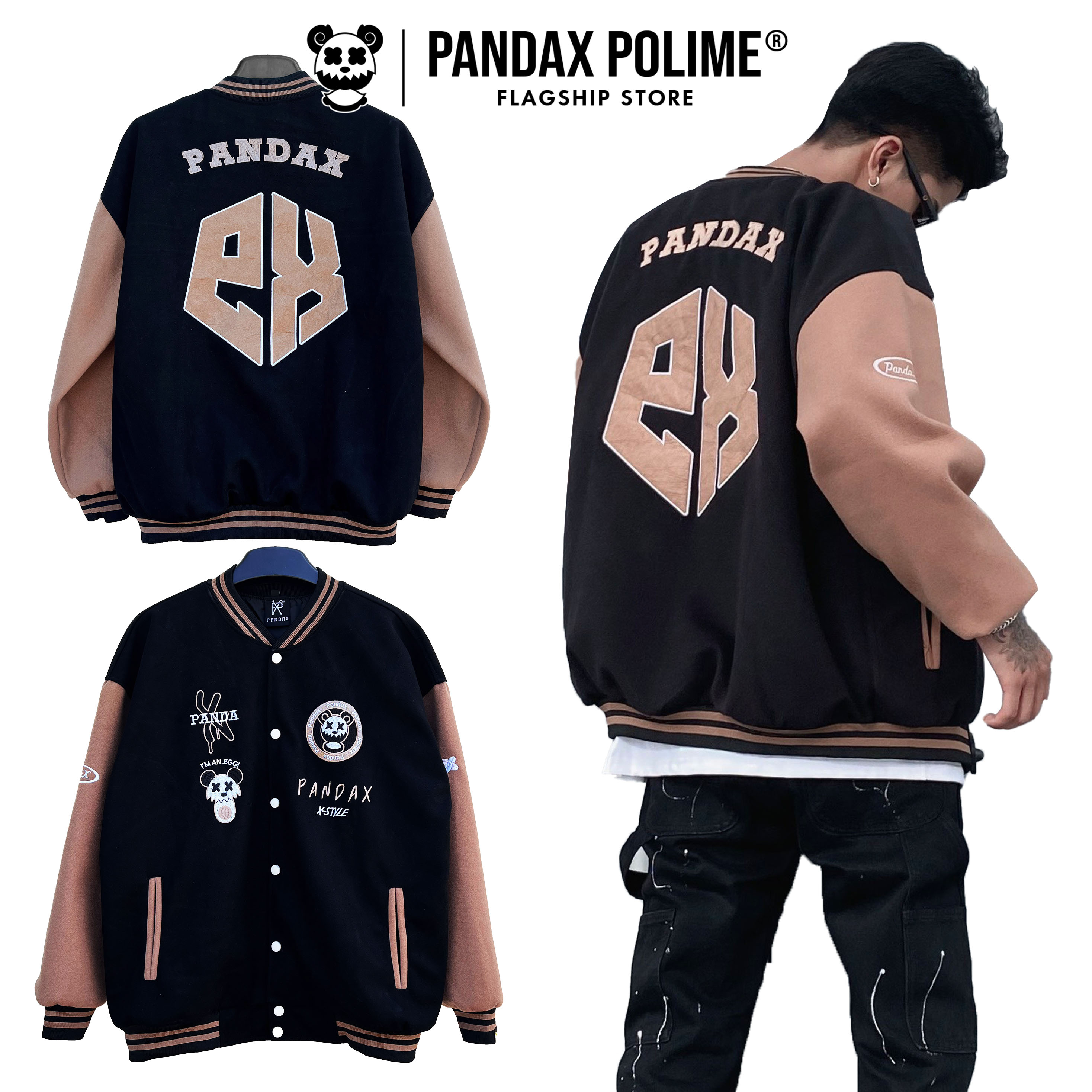 Áo khoác bomber nam nữ form rộng nỉ 2 lớp áo bomber bóng chày hình in thêu 100% varsity jacket local brand PANDAX