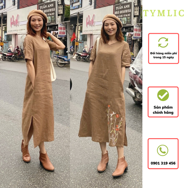 Đầm suông linen thêu hoa màu nâu tymlic