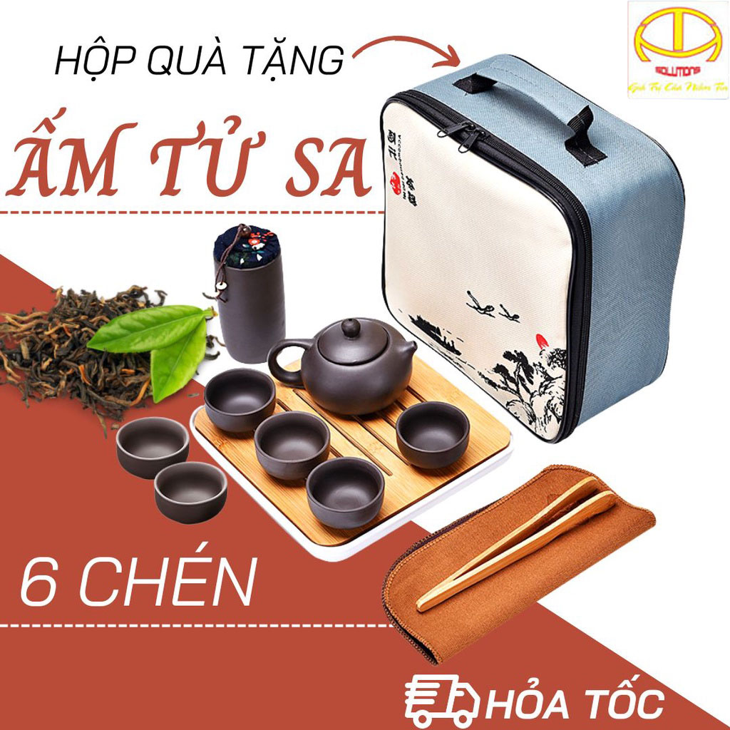 Ấm chén uống trà Tử Sa Kèm Khay Có Túi Đựng Xách Tay, Đi Du Lịch, Dã Ngoại, Dùng Làm Quà Tặng, bộ ấm chén uống trà sang trọng, bo am chen, ấm pha trà,bình pha trà cao cấp