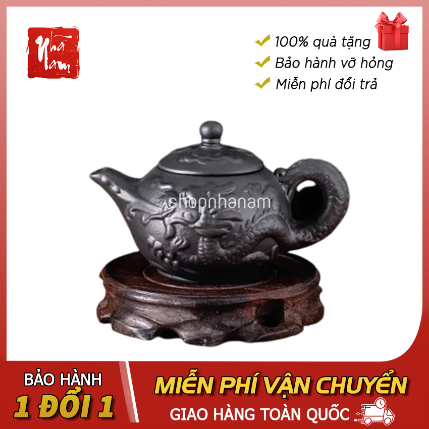 Ấm trà tử sa đắp phù điêu nổi họa tiết ngọa long, rồng tọa, ấm trà đạo tử sa gốm sứ Nghi Hưng - Phong thủy Nhã Nam