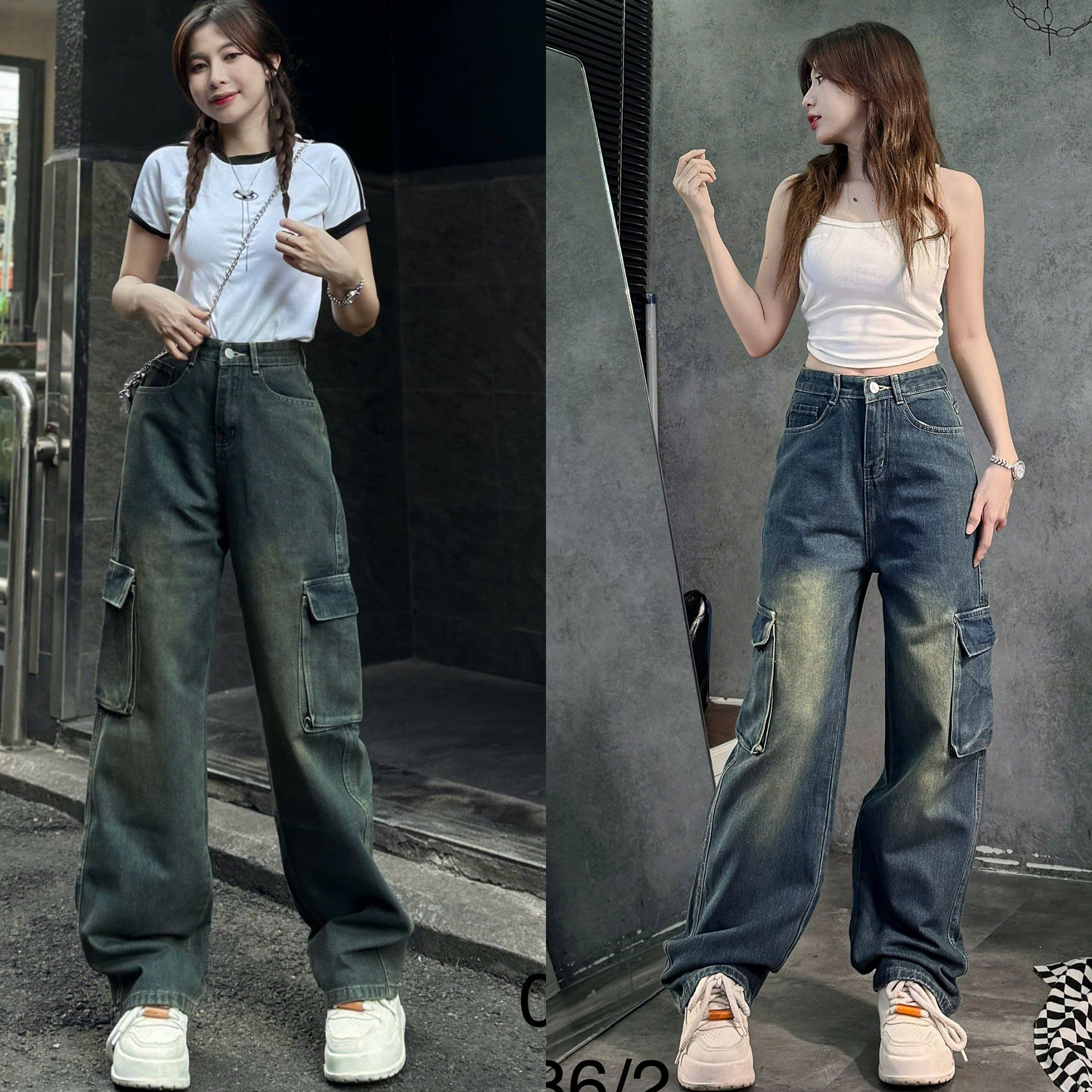 Quần Jeans ống Suông nữ 2 túi hộp thật mẫu quần bò ống rộng đứng màu wash độc lạ phong cách QJ086 