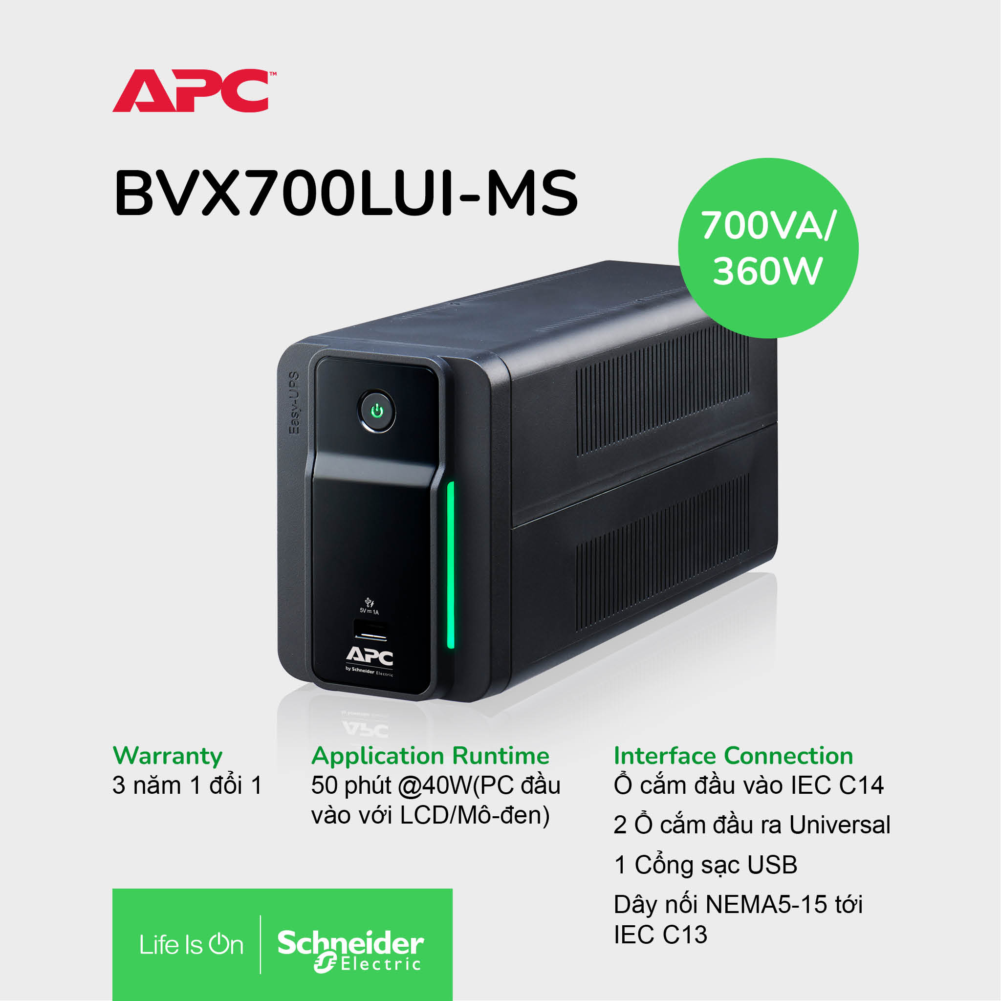 Bộ lưu điện APC by Schneider Electric UPS 700VA 230V & ổn áp BVX700LUI-MS