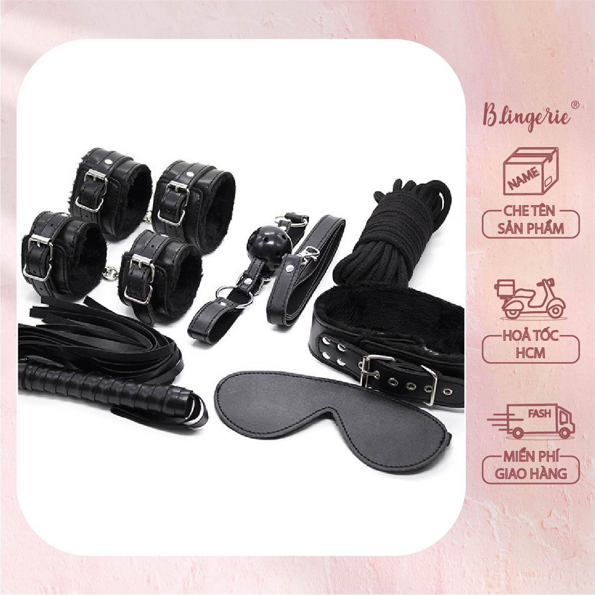 Bộ bịt mắt cùng vòng và roi - b.lingerie