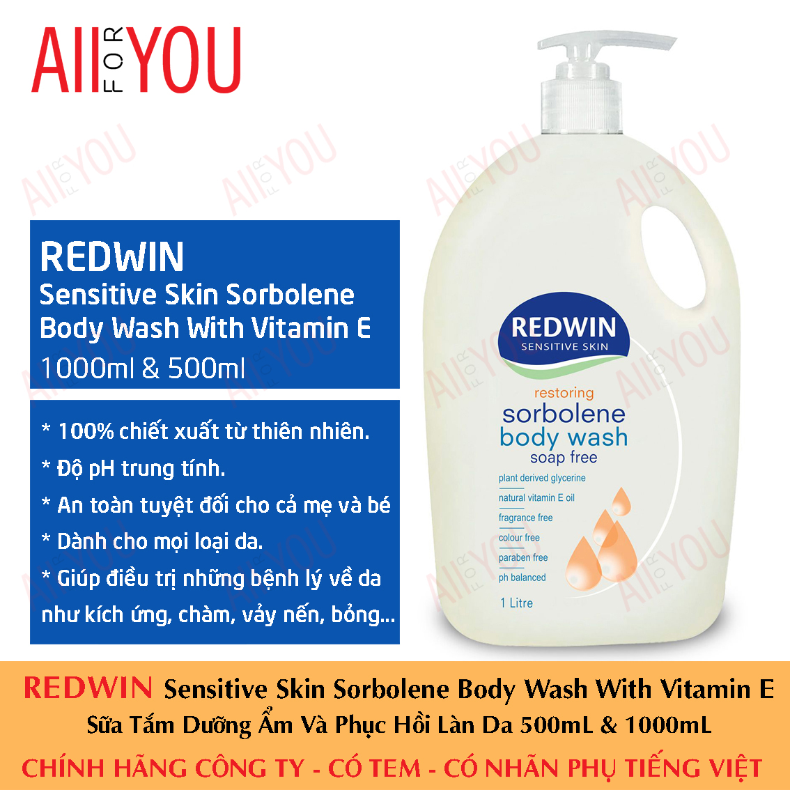 Redwin sensitive skin sorbolene body wash with vitamin e 500ml & 1l - sữa tắm dưỡng ẩm và phục hồi làn da.