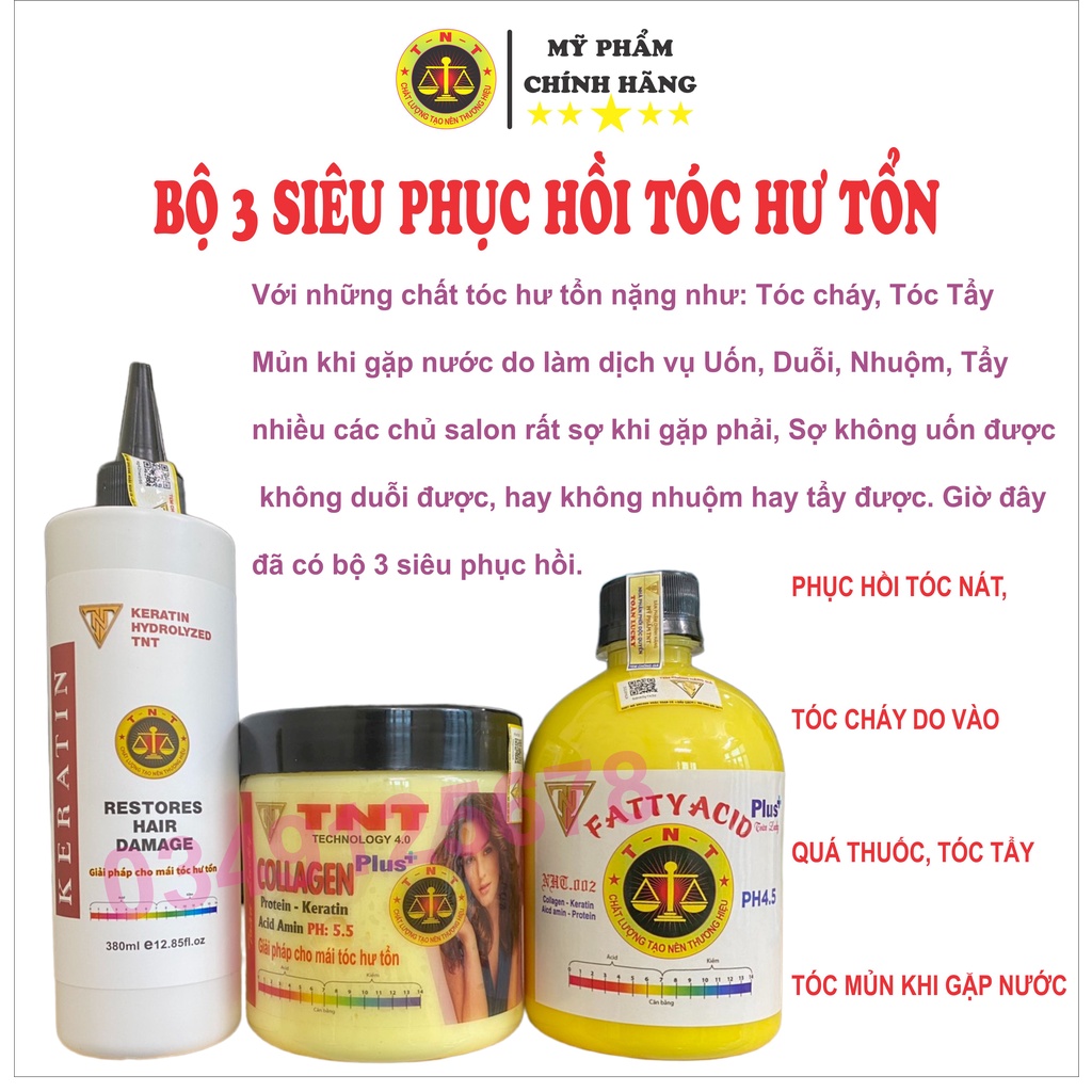 Bộ ba siêu phục hồi Axit béo Plus ,Axit Béo Loãng, Hấp tóc collagen TNT và Keratin thủy phân TNT chuẩn chính hãng - TNT