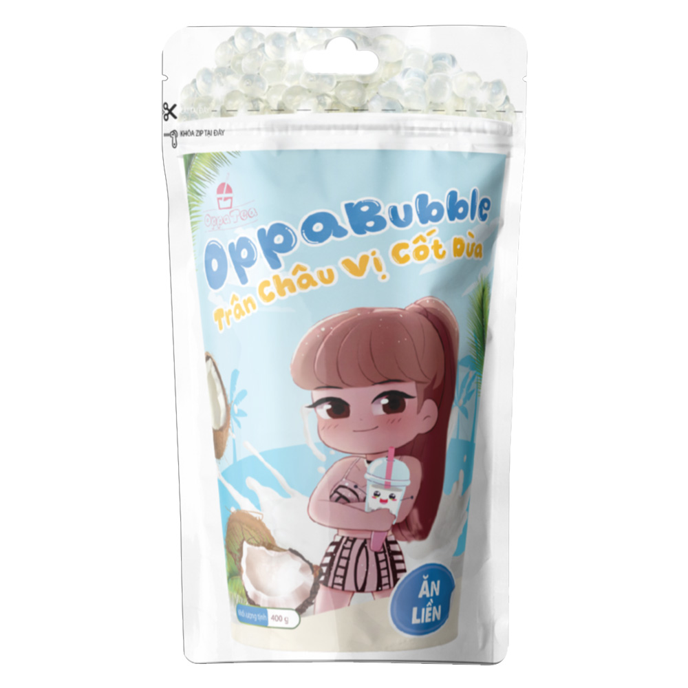 Gói 400g trân châu ăn liền oppa bubble vị cốt dừa - topping trà sữa, nguyên liệu trà sữa