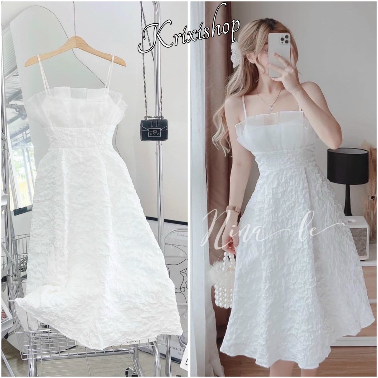 Váy trắng xốp phối voan bồng ngực sang trọng, vải xốp phối voan có mút, thời trang dạ hội đi tiệc cưới chụp kỷ yếu