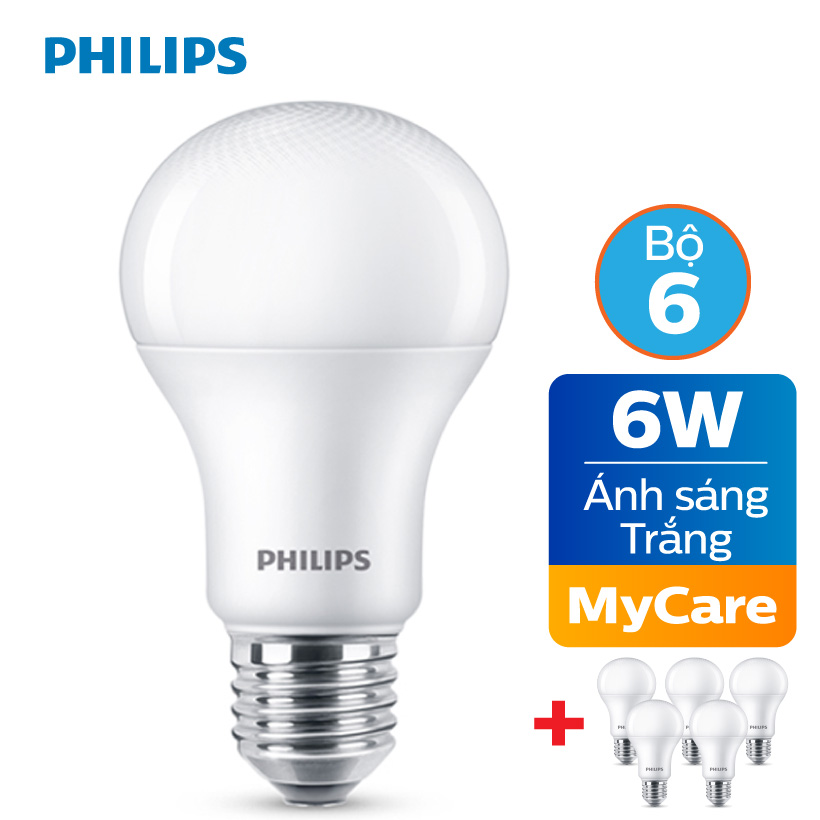 Bộ 6 bóng đèn led philips mycare 6w 6500k e27 a60 - ánh sáng trắng