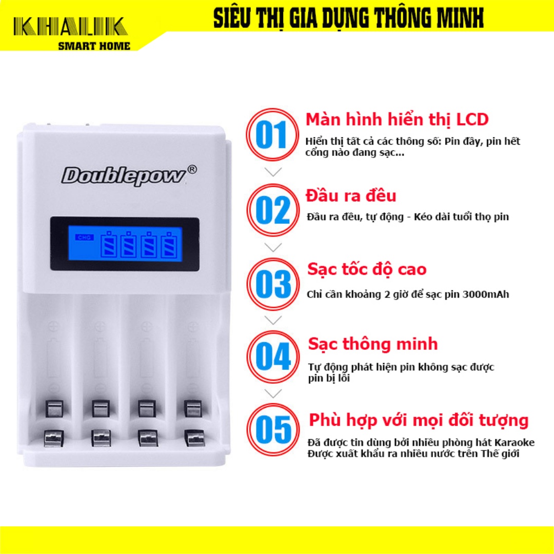 Bộ sạc pin đa năng (sạc pin AA, AAA) thông minh 4 cổng, sạc nhanh có báo dung lượng Doublepow -DP-K98