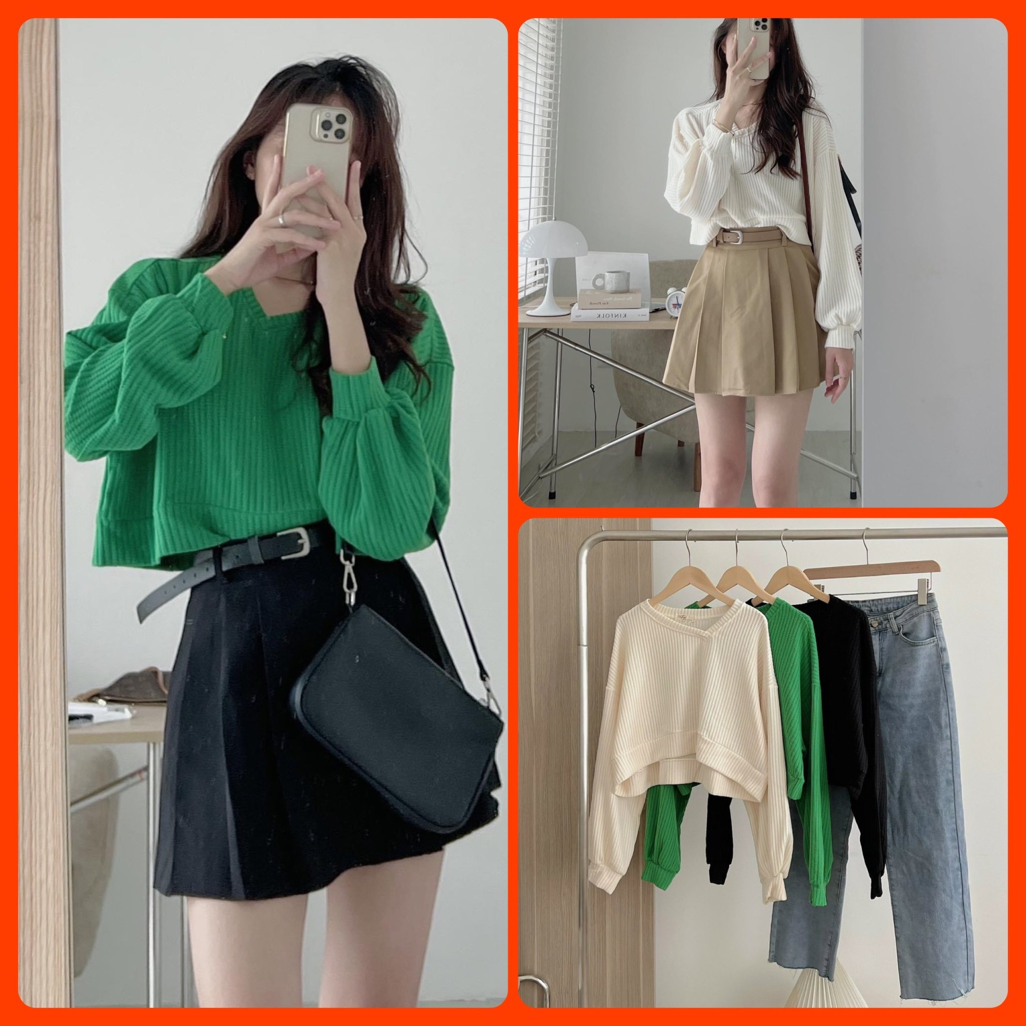 Áo len xốp croptop trơn tay bồng dài dáng rộng cổ V 3 màu A1101N Nhung Nhớ
