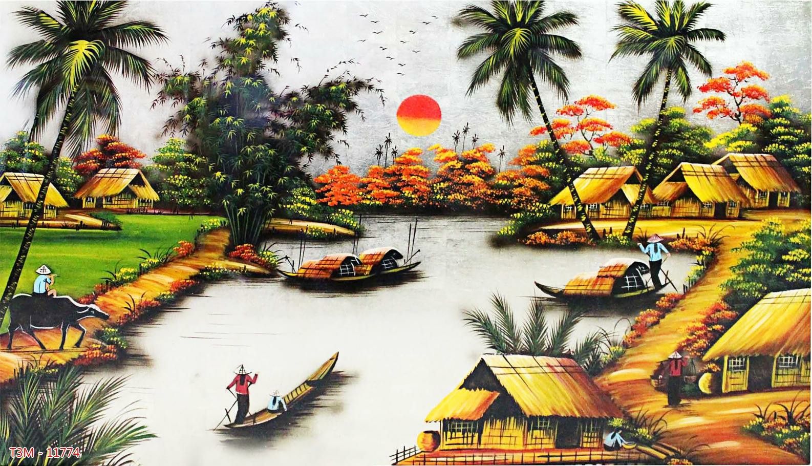 Tranh lụa đồng quê Việt Nam dán tường