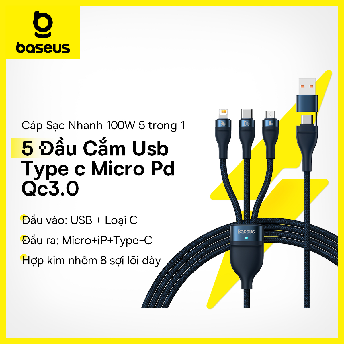 Dây Cáp Sạc Nhanh Baseus 100W 5 trong 1 USB Type C Micro USB PD QC3.0 cho iP 15 14 13 12 Samsung Xiaomi Mac 100w 5 trong 1 usb type c charger 100w 5 trong 1 usb type c charger 100w 5 trong 1 usb type c charger