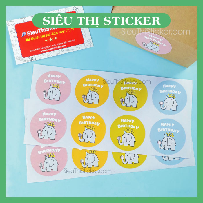 Bộ 48 Tem dán Happy Birthday hình voi con đáng yêu, đường kính 3.8cm HBCV04 trang trí hộp quà, thiệp, túi quà, hộp bánh cho dịp sinh nhật
