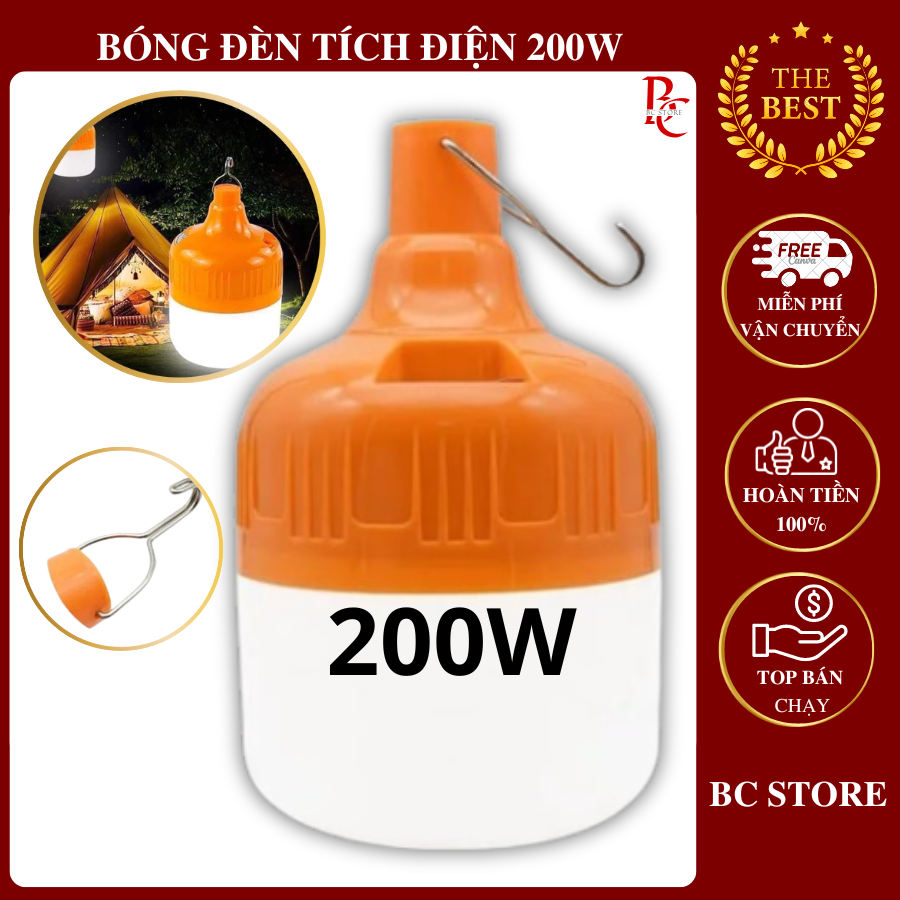 Bóng đèn tích điện công suất 200W siêu sáng, Bóng đèn led tích điện có móc treo tiện lợi sử dụng liên tục 6-8h
