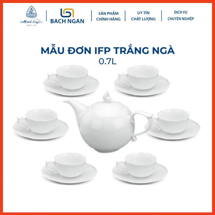 Bộ Ấm Trà Gốm Sứ Cao Cấp Minh Long 0.7 L Mẫu Đơn Trắng hàng đẹp, sang trọng đãi khách, quà tặng - 6 tách