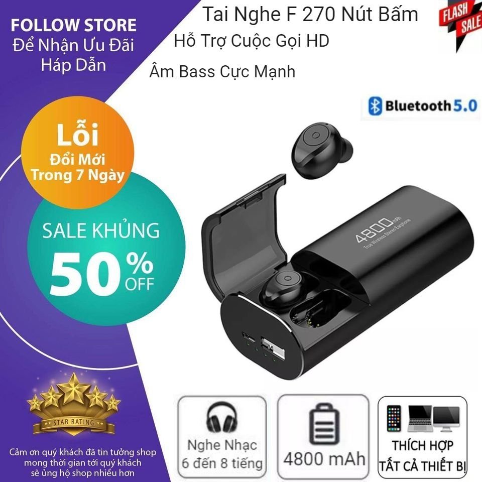 [SIÊU XẢ KHO GIẢM 50%]  Tai Nghe Bluetooth Amoi F270 Bản Nút Bấm Chip Cao Cấp Kén Sạc Kiêm Sạc Dự Phòng 4800mah - Tai nghe bluetooth không dây amoi f270, Tai nghe nhét tai không dây, Tai nghe bluetooth pin bền bỉ không nóng