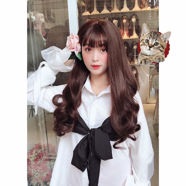 Tóc giả nguyên đầu xoăn nhẹ mái thưa tiểu thư tặng lưới trùm
