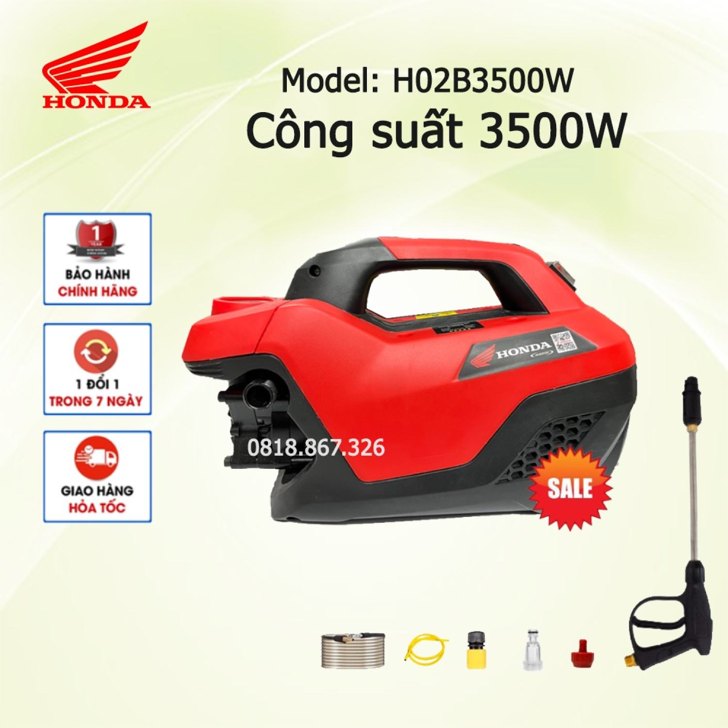 Máy rửa xe mini i máy rửa xe cao áp honda h02b - 3500w | có áp chống giật - 100% lõi đồng