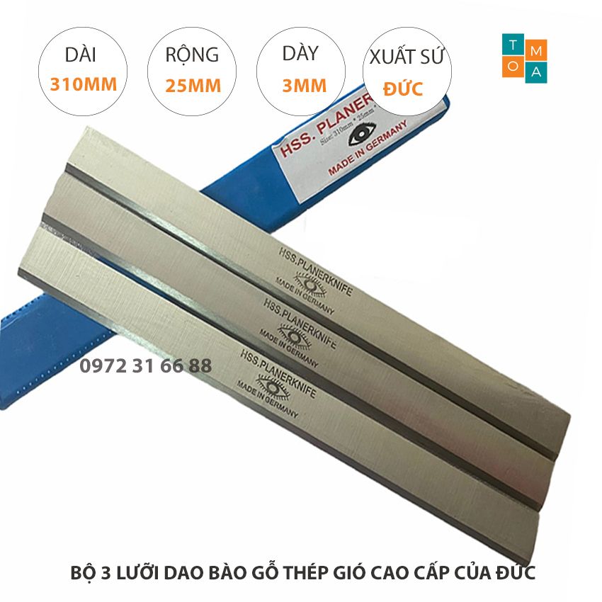 Bộ 3 lưỡi dao bào gỗ thép hss cao cấp 310x25x3mm của đức - lưỡi dao bào con mắt