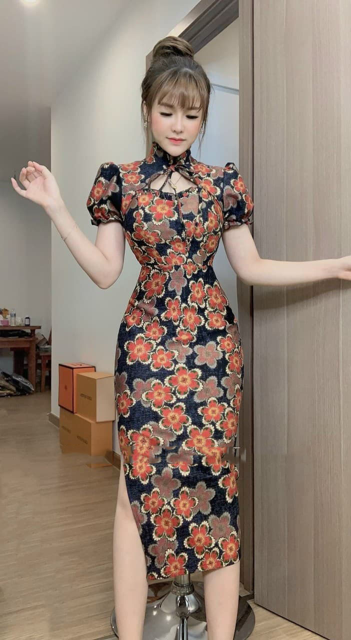 [Mẫu Mới]Sườn Xám Nữ Tiểu Thư Thiết Kế Tinh Tế Quyến Rũ Chất Liệu Thun In Nhiệt SUNI