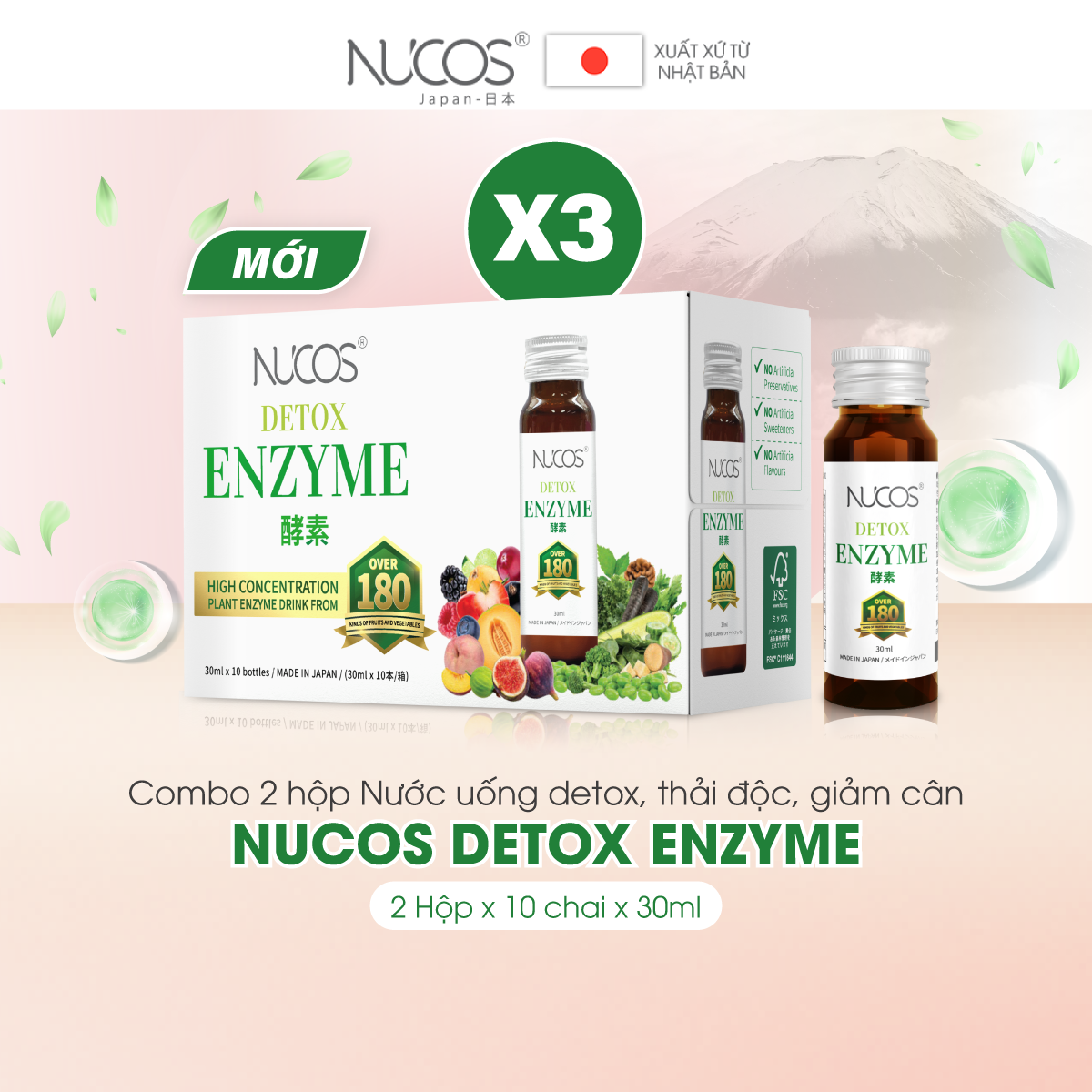 Combo 3 hộp nước uống thải độc Nucos Detox Enzyme 30ml x 30 chai
