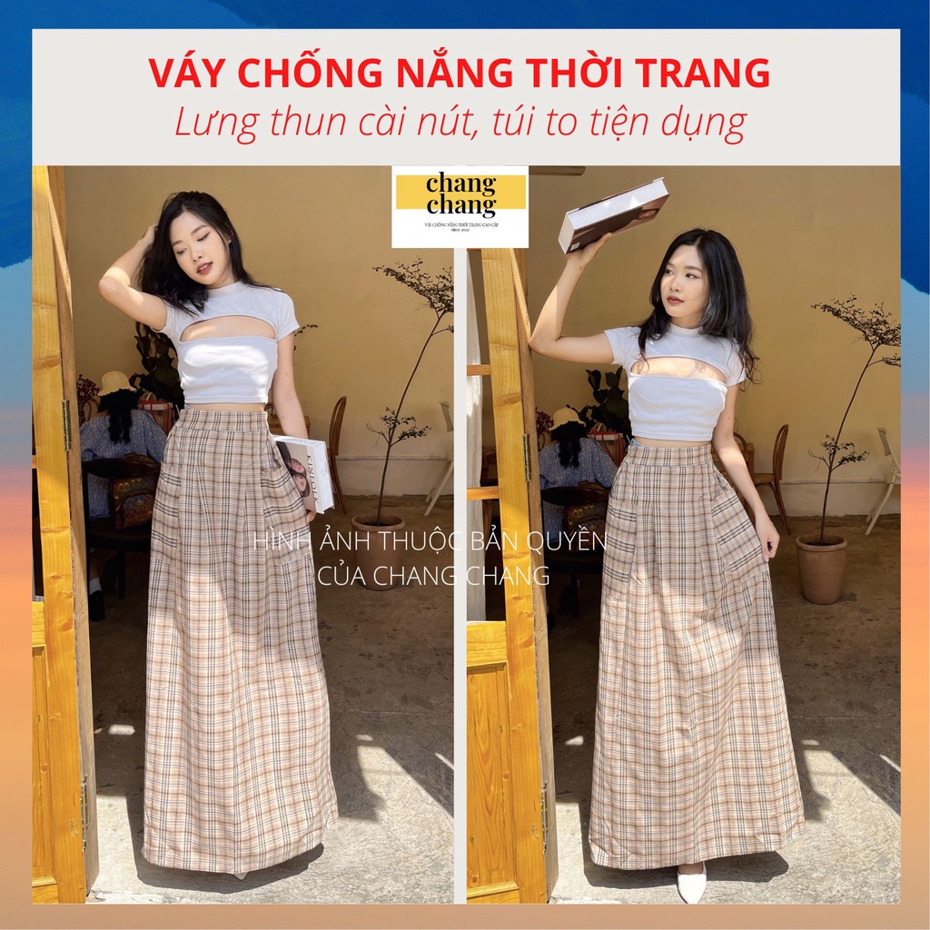 Váy che nắng lưng thun cài nút mẫu xếp ly gọn gàng siêu xinh | chang chang