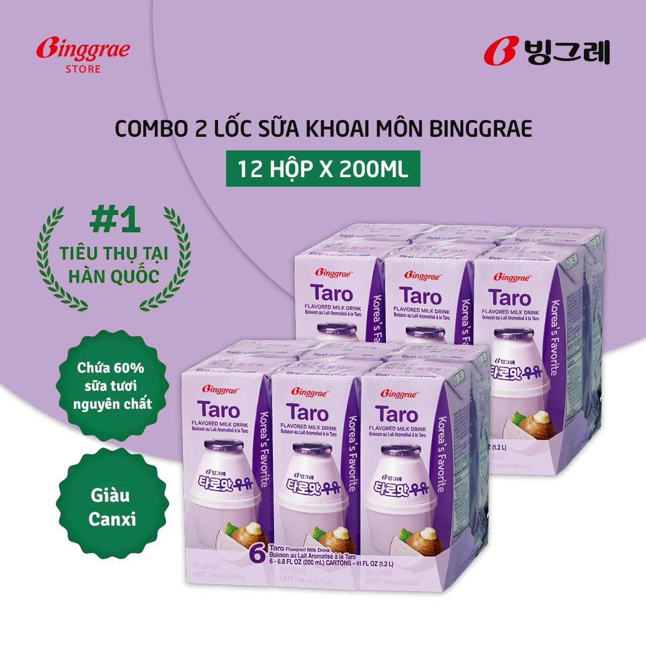 Combo 2 Lốc Sữa Khoai môn Hàn Quốc Binggrae Taro Milk