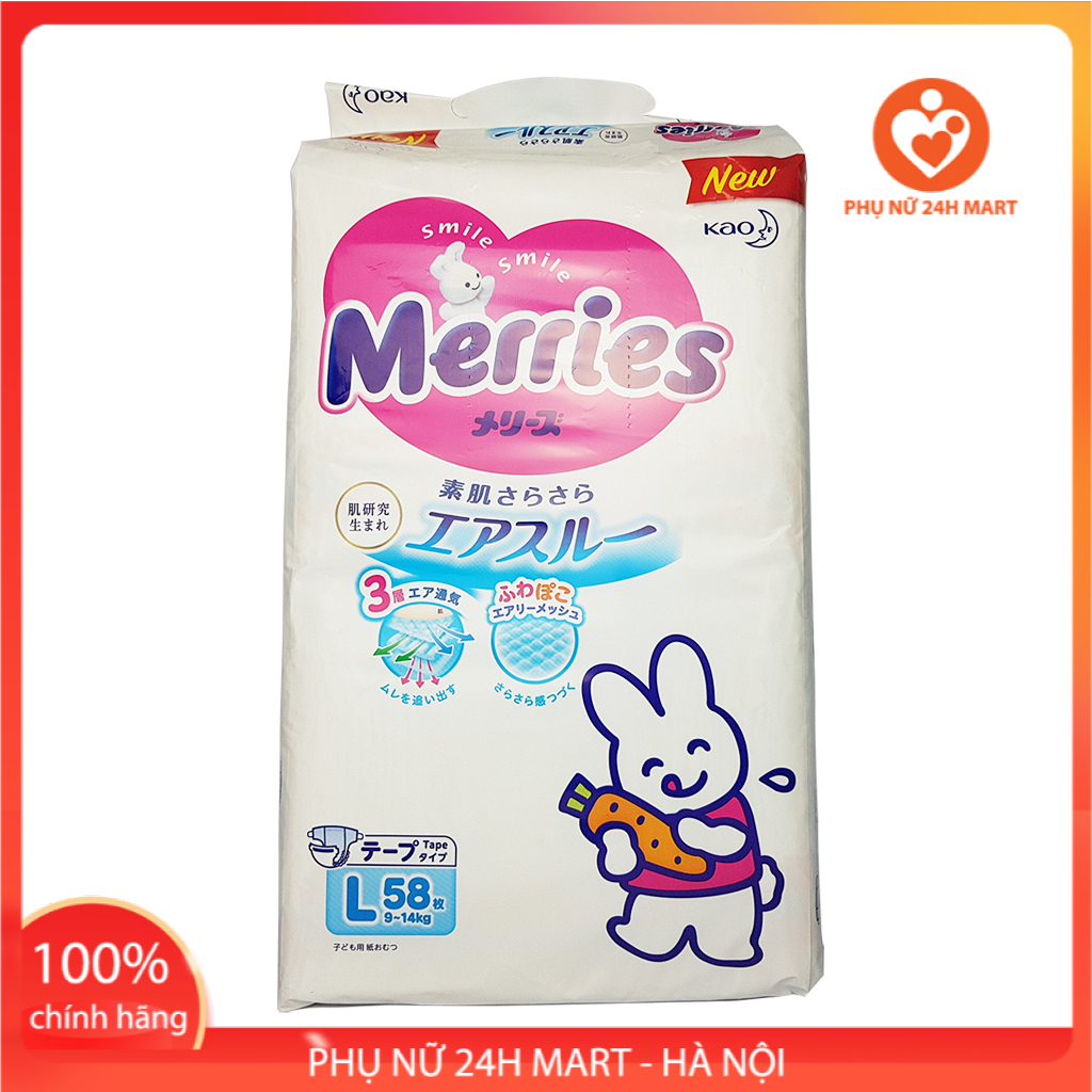 Tã dán bỉm merries size l 54+4 miếng cho bé từ 9-14kg nội địa nhật bản, bỉm merries cộng miếng, bỉm dán size l, bỉm mỏng thấm hút tốt, bỉm nhật