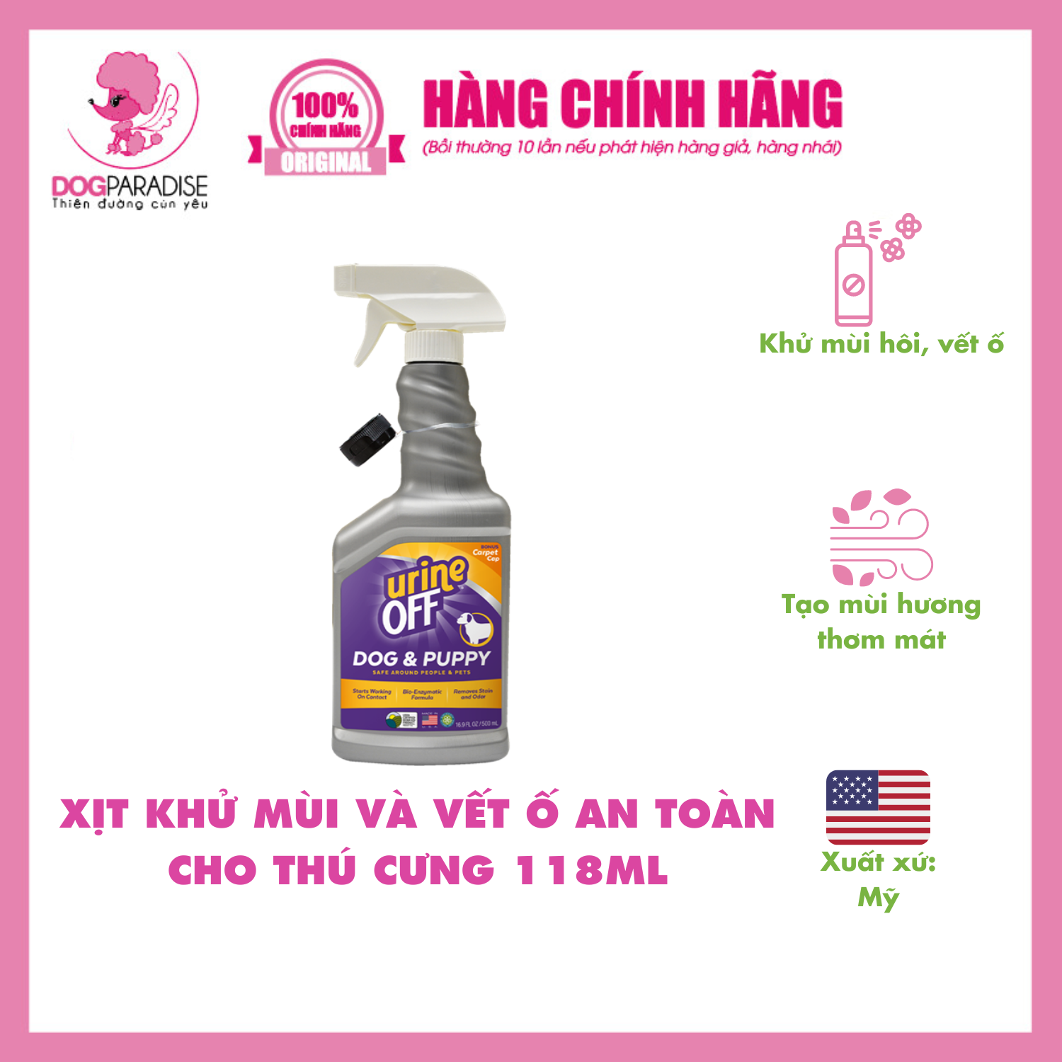Xịt Khử Mùi Và Vết Ố URINE OFF DOG & PUPPY FOMULA Cho Chó Mèo Hiệu Quả, An Toàn, Thơm Lâu Chai 118ml