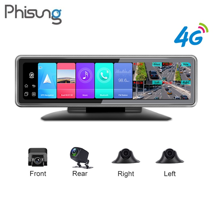 Camera hành trình 360 độ gắn gương và taplo ô tô cao cấp nhãn hiệu Phisung T88, màn hình 12 inch, adroid 9.0