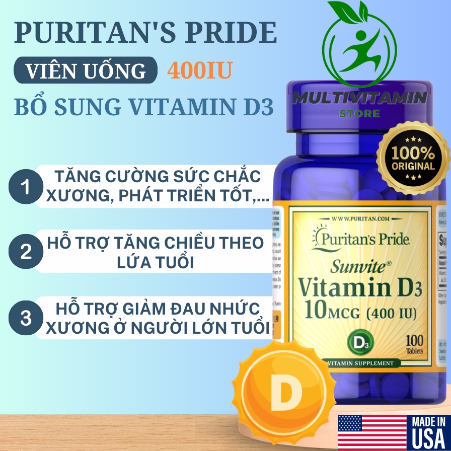 Multivitamin Store - Viên Uống Bổ Sung Vitamin D3 10mcg 400iu Puritan s